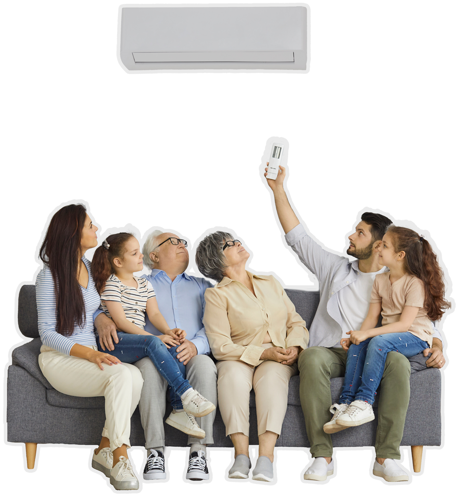 cut out image of a family sitting together on a sofa under a wall AC unit