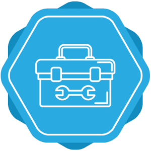 a blue hexagon icon of a toolbox