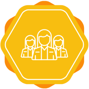 a group of people in an orange hexagon icon